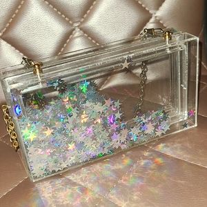 Acrylic Clear Clutch with Gold Chain and Holographic Stars